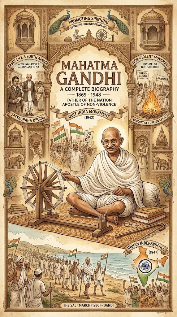 Poster ilustrasi biografi lengkap Mahatma Gandhi yang menggambarkan beliau sedang memintal benang dengan charkha, dikelilingi adegan sejarah perlawanan tanpa kekerasan dan Salt March.
