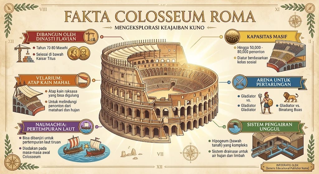 Infografis edukatif bergaya manuskrip kuno dengan latar belakang kertas perkamen cokelat muda. Di bagian atas tengah terdapat judul "FAKTA COLOSSEUM ROMA" dan sub-judul "MENGEKSPLORASI KEAJAIBAN KUNO". Di tengah gambar, terdapat ilustrasi melingkar 3D bangunan Colosseum Roma secara detail.