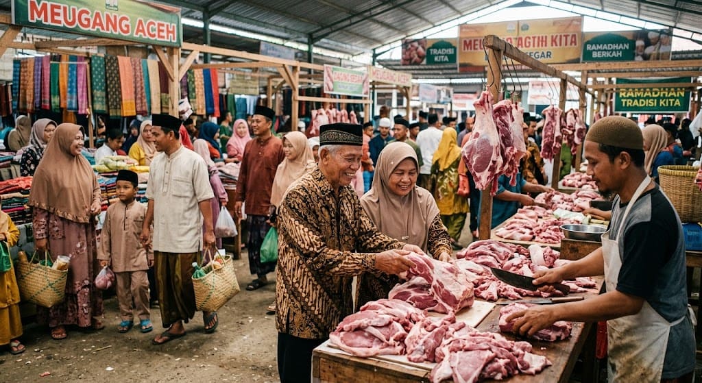 Seorang penjual daging di pasar tradisional Aceh sedang melayani pasangan lansia yang membeli daging sapi segar untuk tradisi Meugang menjelang bulan Ramadan.