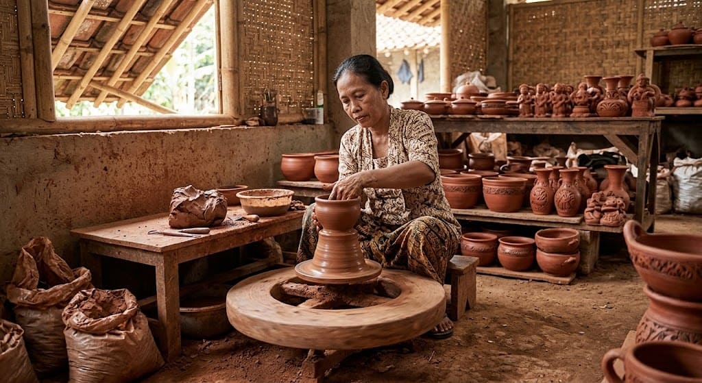 Foto autentik di dalam sebuah bengkel keramik tradisional Plered di Purwakarta, Jawa Barat, Indonesia. Seorang perajin wanita paruh baya sedang duduk dan aktif membentuk sepotong tanah liat di atas alat putar kaki tradisional (kick wheel). Tangannya membentuk ulekan (cobek), dikelilingi oleh rak-rak yang dipenuhi puluhan wadah keramik merah tradisional Plered yang sedang dikeringkan. Suasana workshop penuh tekstur dan diterangi pencahayaan alami yang lembut dari jendela besar.