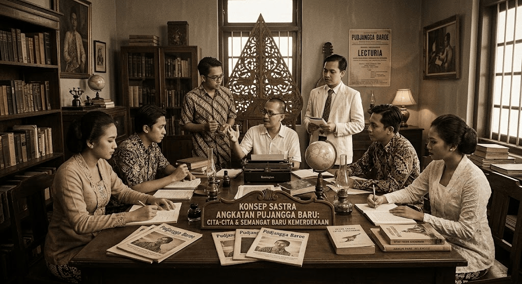 Foto sepia vintage yang mendetail dari sekelompok enam intelektual muda Indonesia (pria dan wanita) dalam pakaian tradisional dan modern tahun 1930-an, duduk mengelilingi meja besar penuh buku di perpustakaan Batavia. Di tengah, seorang pria dengan kacamata berbicara di depan mesin tik, dikelilingi oleh tumpukan majalah asli 'Pudjangga Baroe' dan buku-buku kunci gerakan tersebut. Di dinding belakang, terdapat rak buku, plakat kayu bertuliskan 'KONSEP SASTRA ANGKATAN PUJANGGA BARU: CITA-CITA & SEMANGAT BARU KEMERDEKAAN', potret sejarah, dan Wayang Gunungan. Mereka tampak fokus berdiskusi dan menulis. Atmosfer hangat, akademis, dan historis.