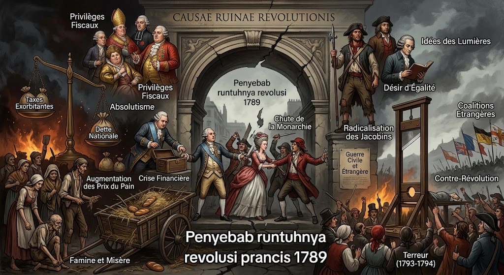 Infografis sejarah visual tentang penyebab runtuhnya Revolusi Prancis 1789, menampilkan Raja Louis XVI, kaum bangsawan dan gereja di sebelah kiri, kaum revolusioner di sebelah kanan dengan guillotine, serta berbagai teks label dalam bahasa Indonesia, Prancis, dan Latin yang merinci faktor-faktor seperti 'Krisis Finansial' dan 'Ide-ide Pencerahan'.