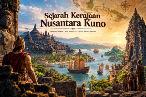 Sejarah Kerajaan Nusantara Kuno dengan ilustrasi candi bersejarah, kapal perdagangan, dan kejayaan kerajaan di Nusantara.