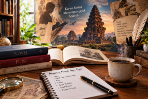 Analisis Novel dan Puisi dengan buku sastra, catatan analisis, dan latar bangunan bersejarah.