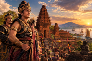 Sejarah Kerajaan Majapahit Nusantara dengan bangunan kerajaan kuno, prajurit Majapahit, dan suasana kejayaan di masa lampau.